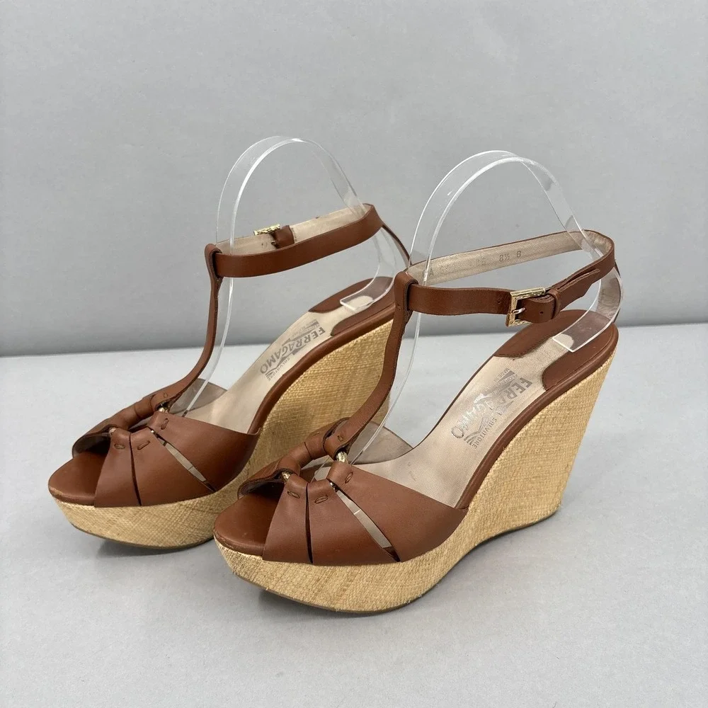Salvatore Ferragamo Wedge Sandals Shoes Womens 8.5 Leather‎ Espadrille Italy